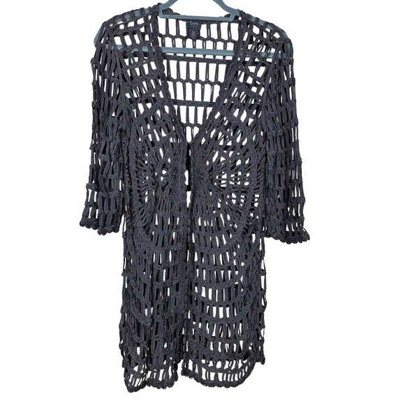 Travelers by Chico's Sweaters - Chico's Travelers Charcoal Plum Crochet Open Front Cardigan Longline Rayon